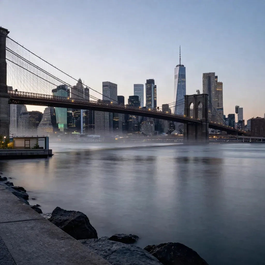 Hazy Manhattan skyline above the Brooklyn waterfront at blue hour, with bridge cables and calm river.
