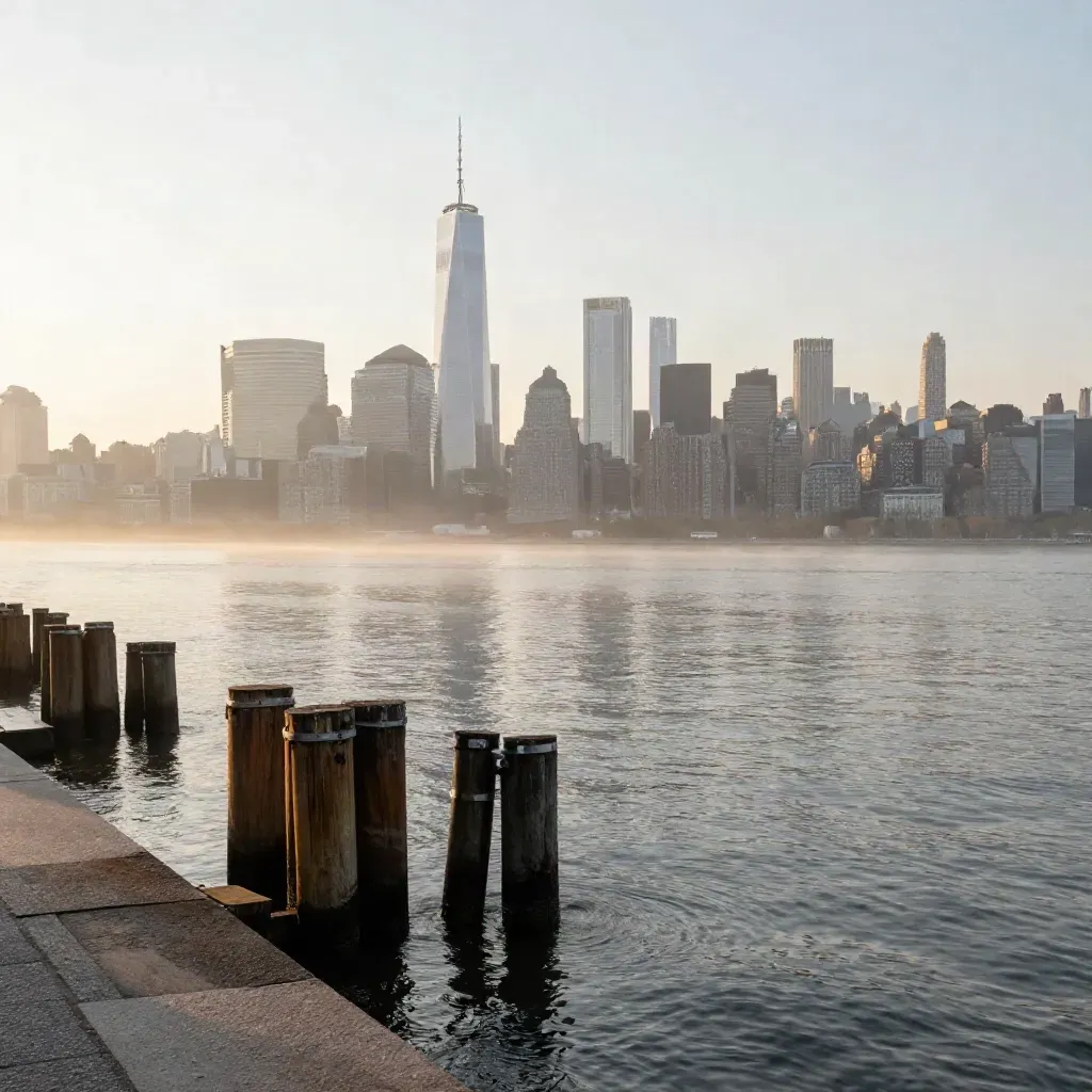 Sunrise over Jersey City waterfront with Manhattan beyond and calm reflective water.