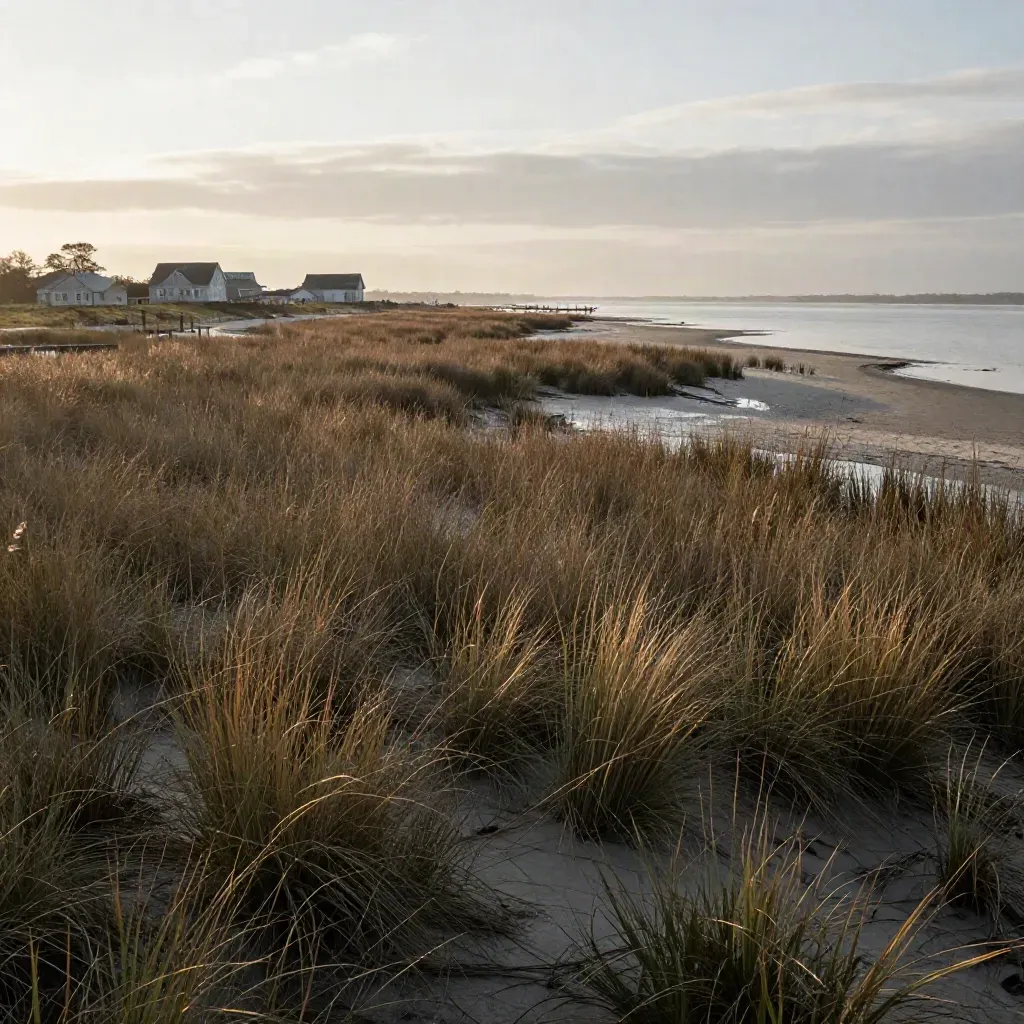 Quiet Connecticut shoreline with marsh grass, harbor edge, and low buildings in soft golden haze.