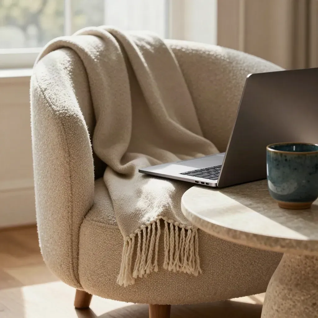 Macro of a cozy coaching nook with chair, laptop, cup, stone table, and throw in soft window light.