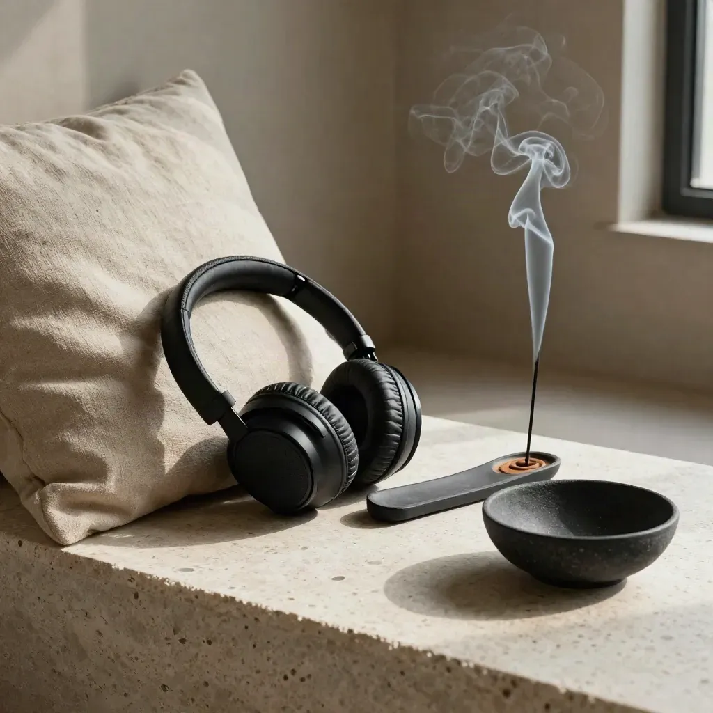 Meditation corner with headphones, small speaker, linen cushion, incense smoke, and ceramic bowl on travertine.