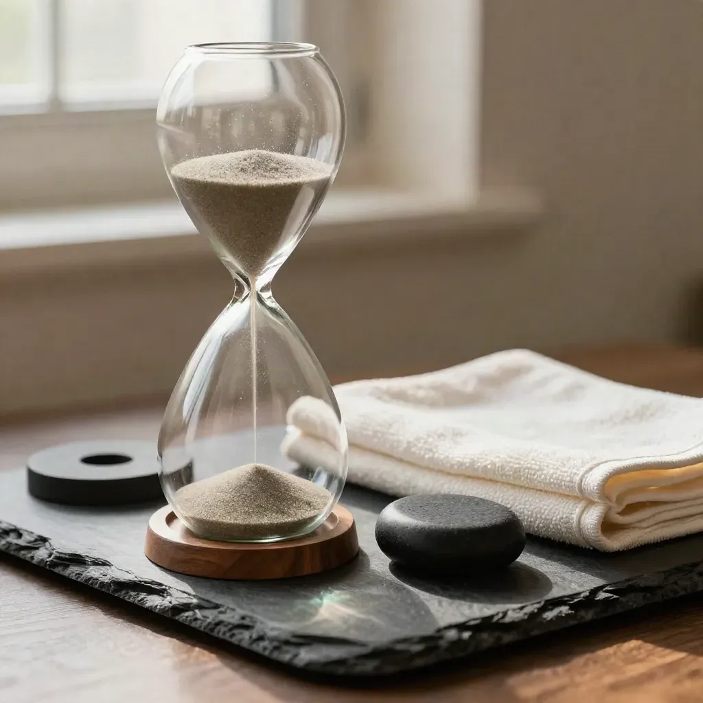Hourglass, breath wheel, stone and towel on slate, sand at the end of a breathing drill.