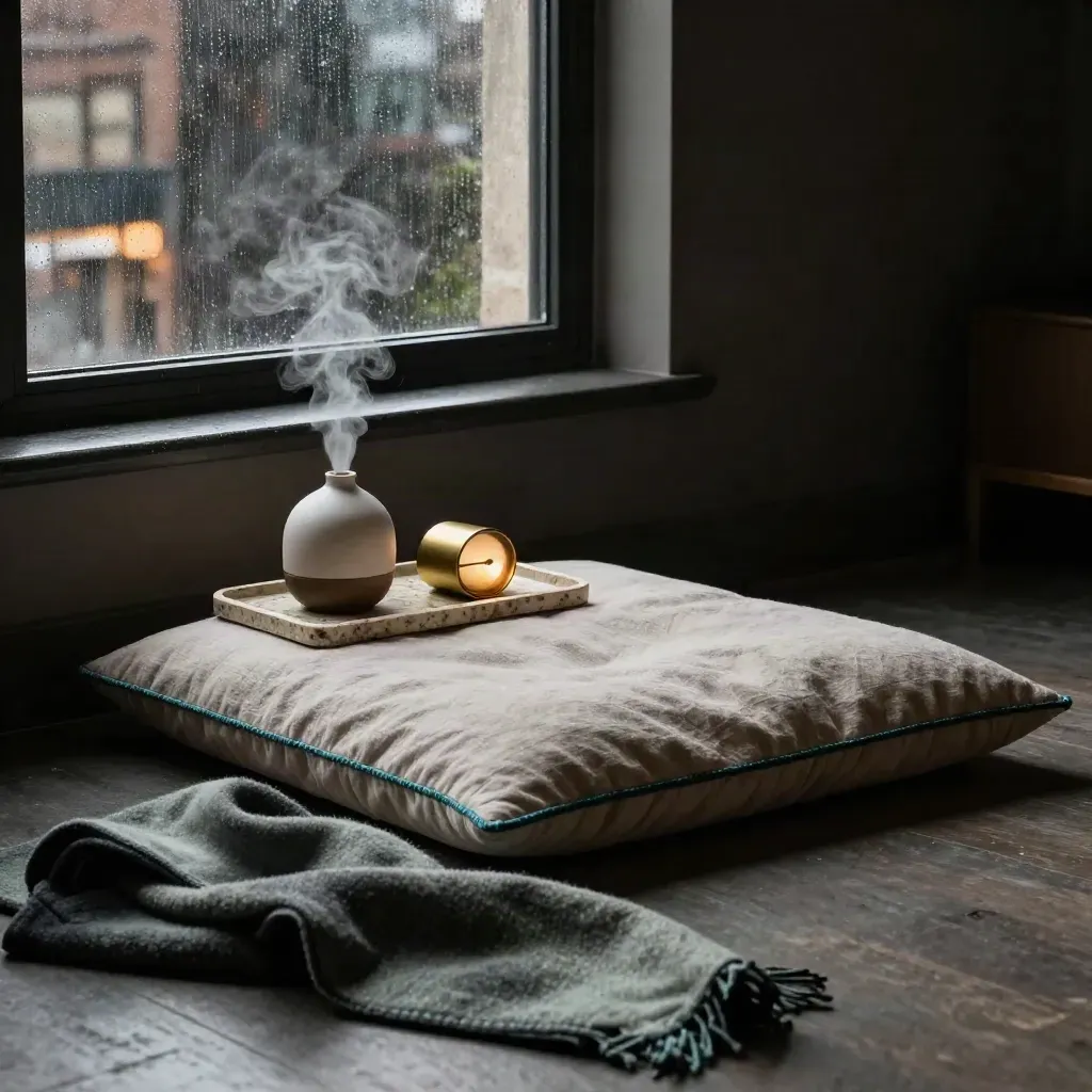 Rain-darkened coaching studio corner with cushion, diffuser, brass timer and soft city glow.