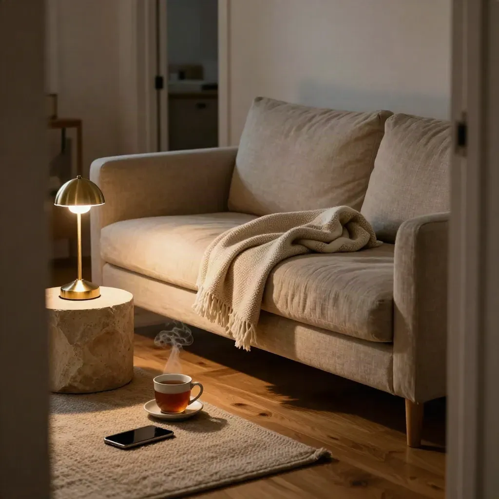 Cozy recovery corner with sofa, blanket, lamp, tea and face-down phone dock