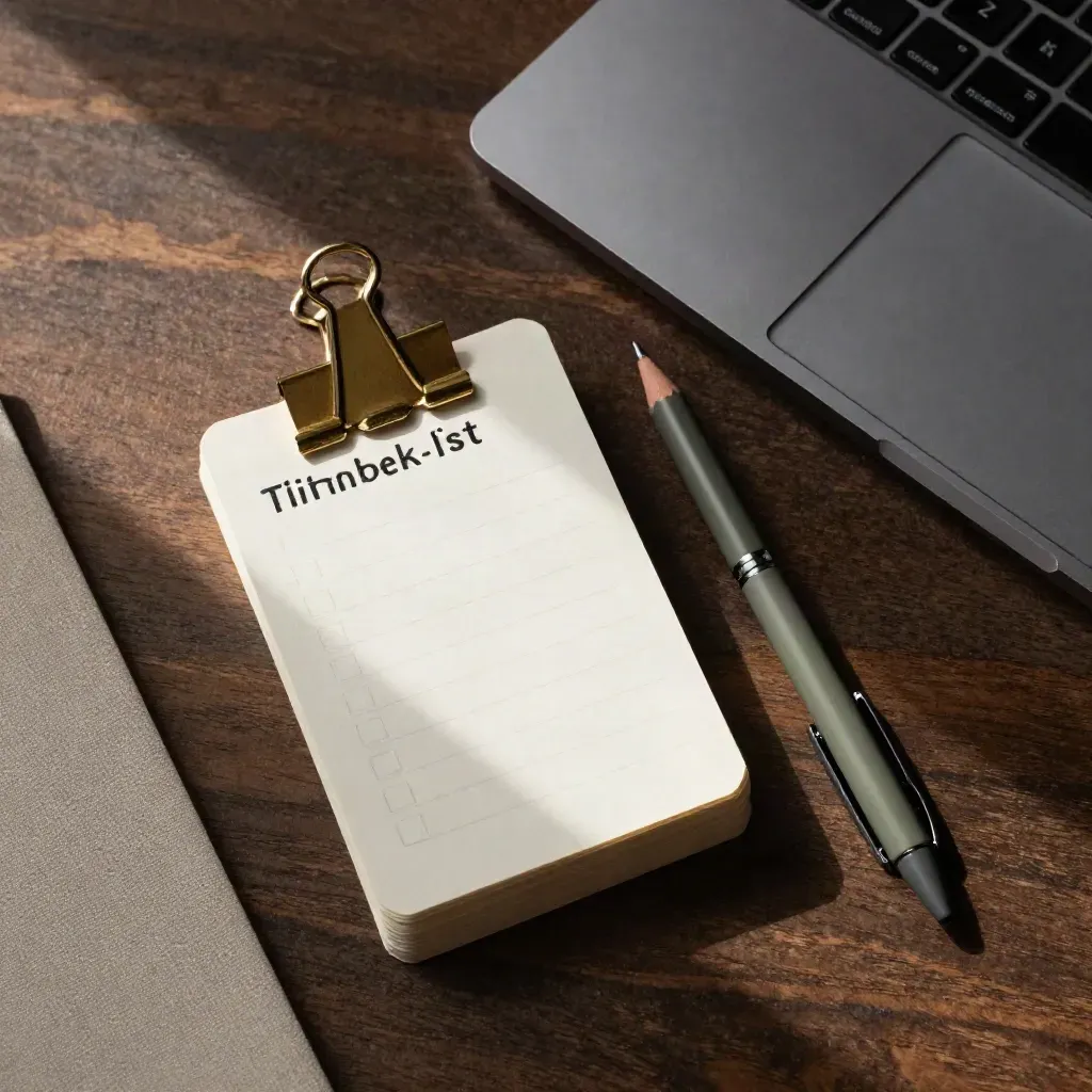 Top-down checklist kit with face-down cards, brass clip, pencil, timer, and closed laptop on dark wood.