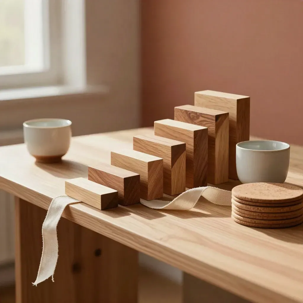 Nested wooden blocks, ceramic cup, coasters and linen ribbon on a warm console table in soft daylight.
