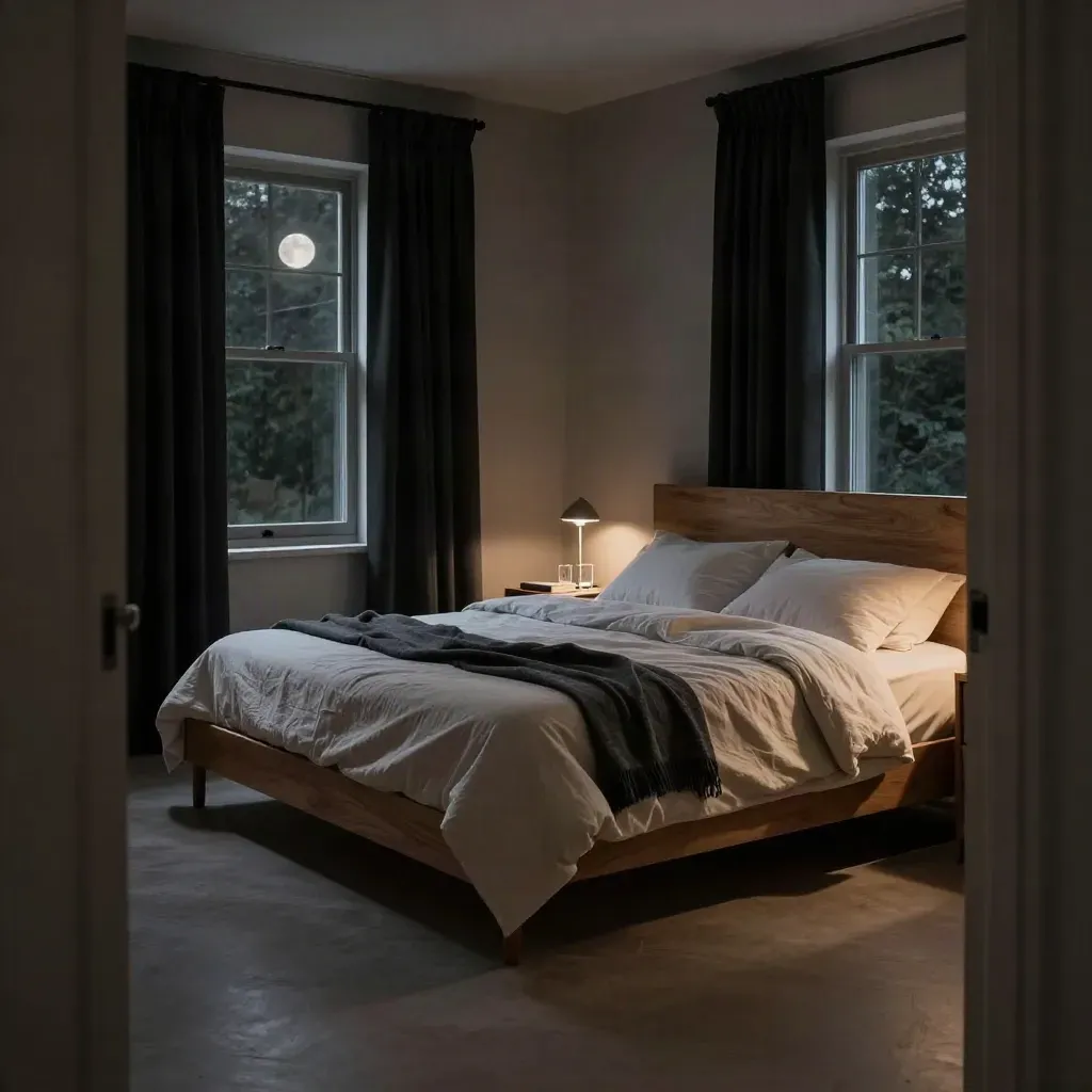 Moody bedroom with blackout drapes, lit lamp, closed book and water glass beside a restful bed.