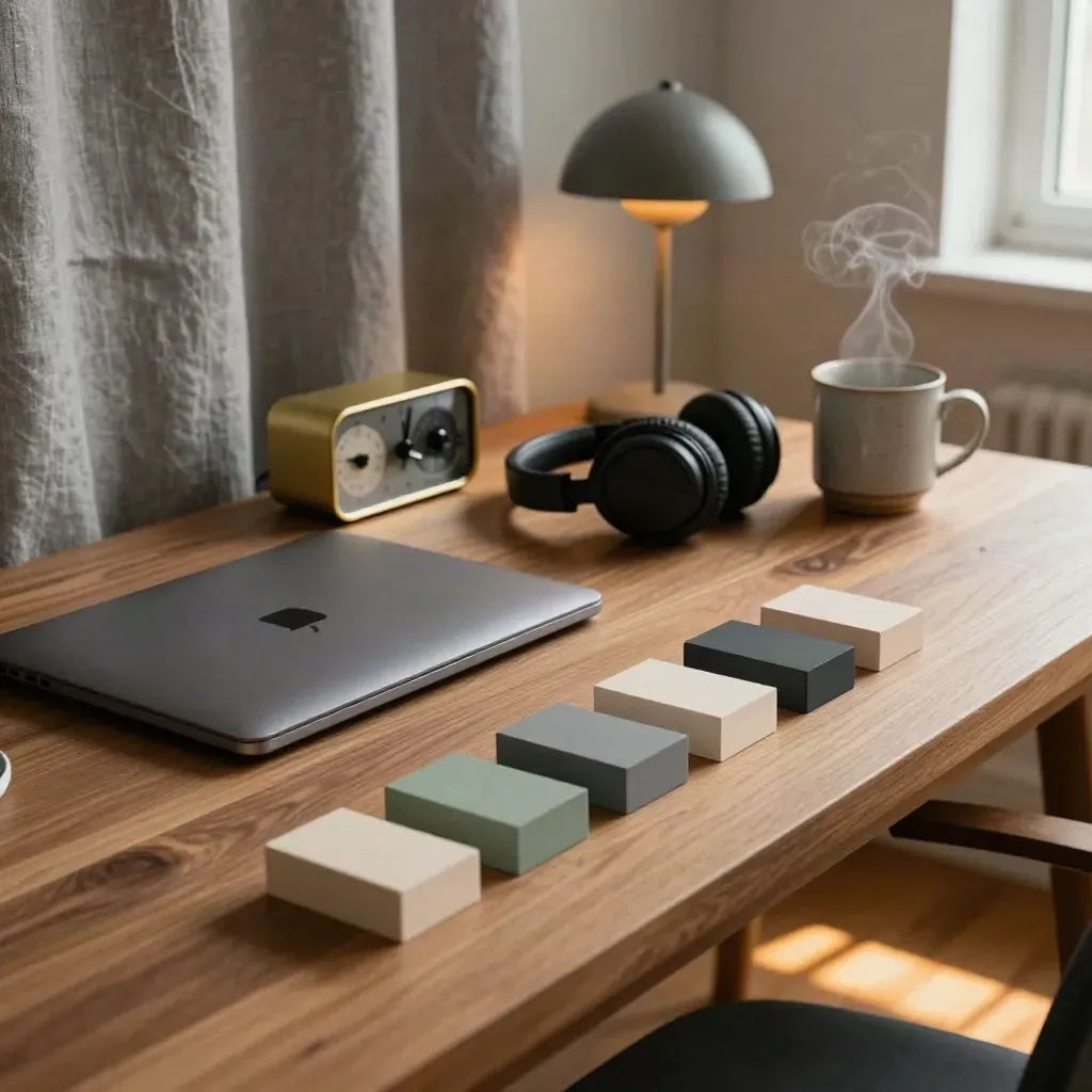 Finished study desk with laptop, timer, headphones, mug, and color-sorted blocks in warm window light.