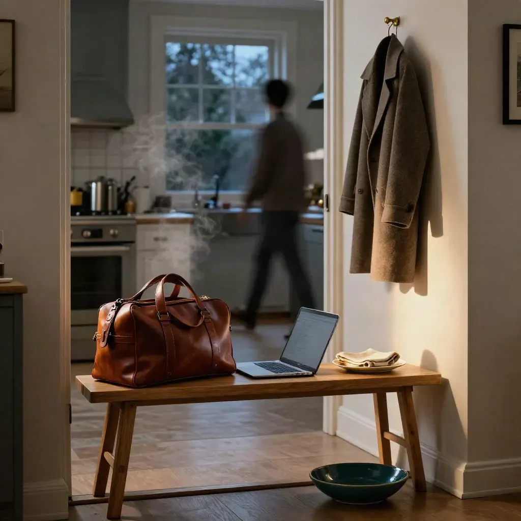 Kitchen threshold with work bag, closed laptop, dinner plate, coat hook and warm lamp glow.