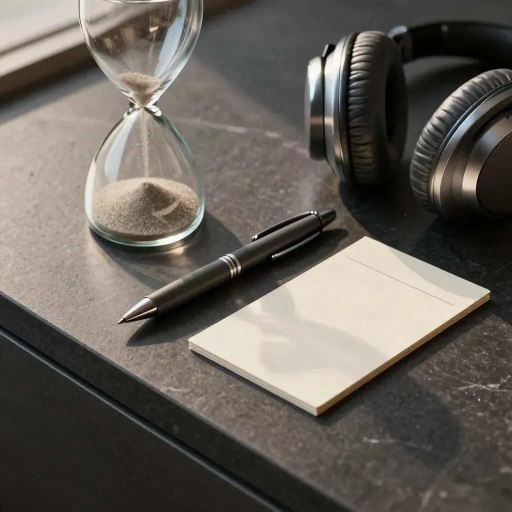 Top-down focus desk with timer, pen, headphones, and face-down task cards
