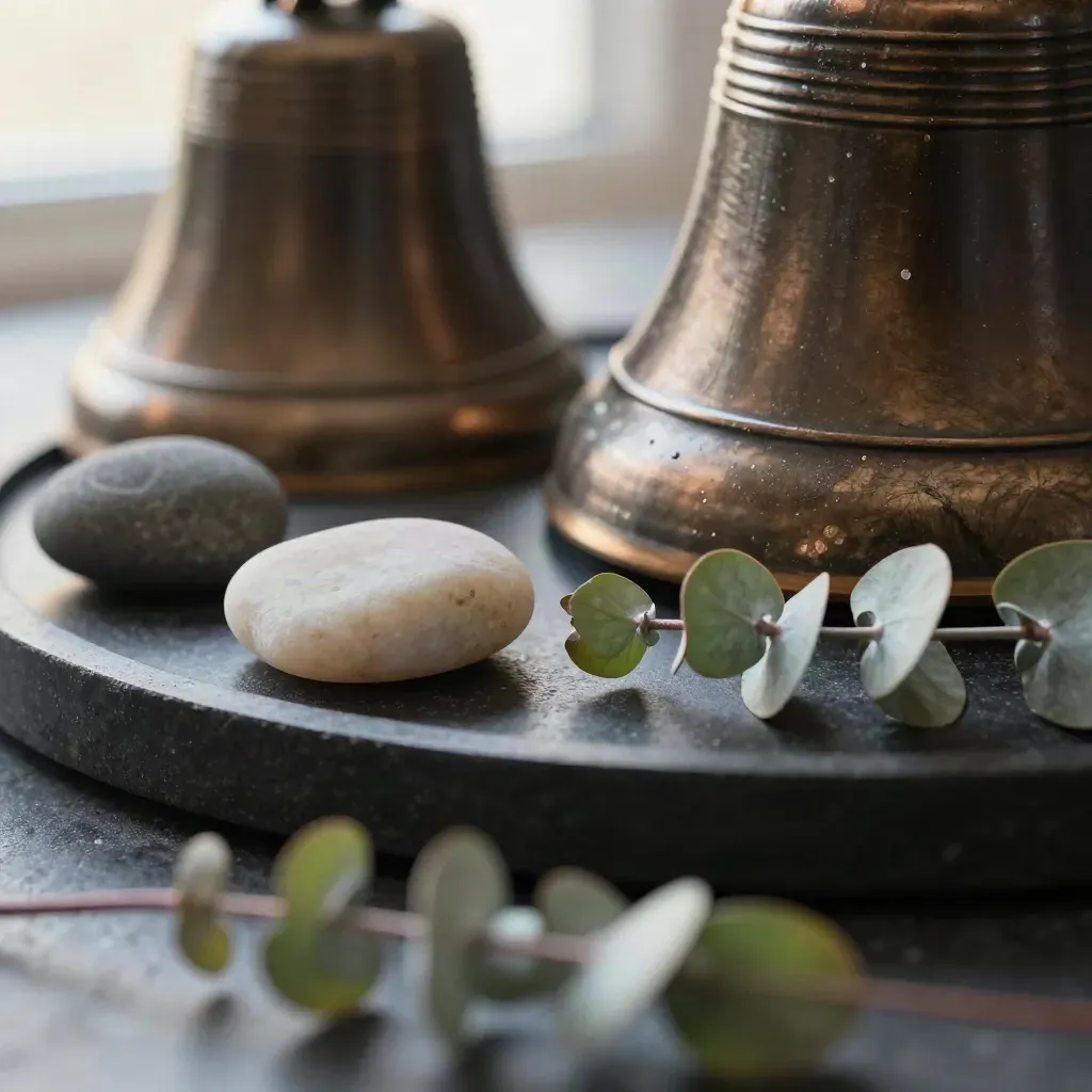Macro still life of a meditation bell, worry stone, sand timer, and eucalyptus on basalt.