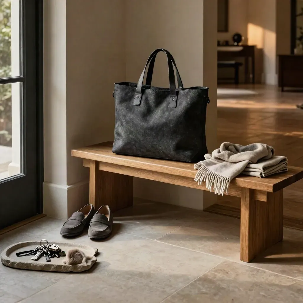Charcoal work tote and shoes by a bench in a softly lit entryway, warm hallway beyond.