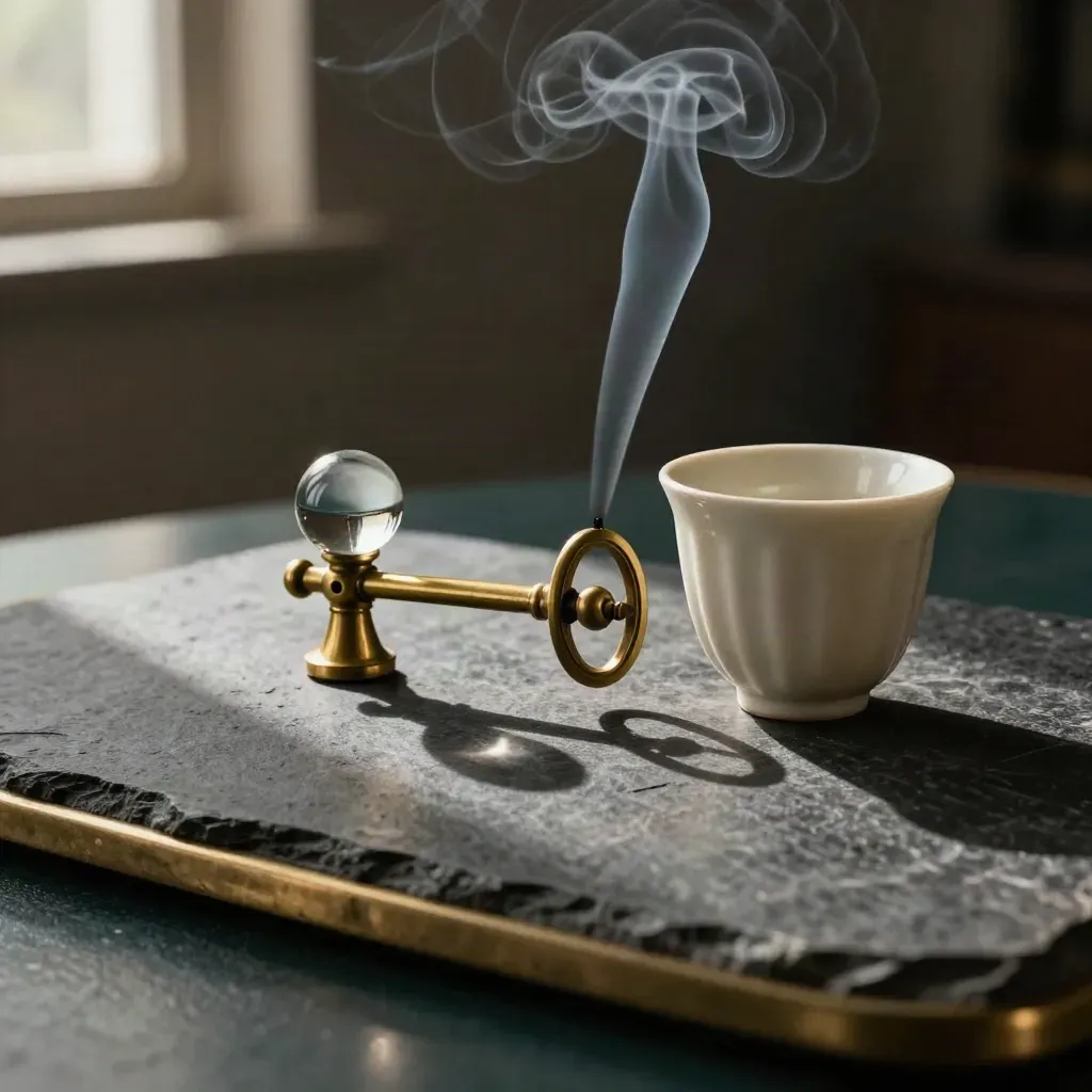 Brass breath pacer, ribbed cup and glass sphere on stone with incense haze