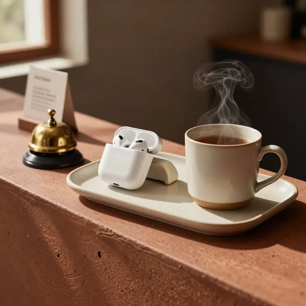 Steam rises from a mug beside earbuds, a phone stand and brass bell on a pale tray.