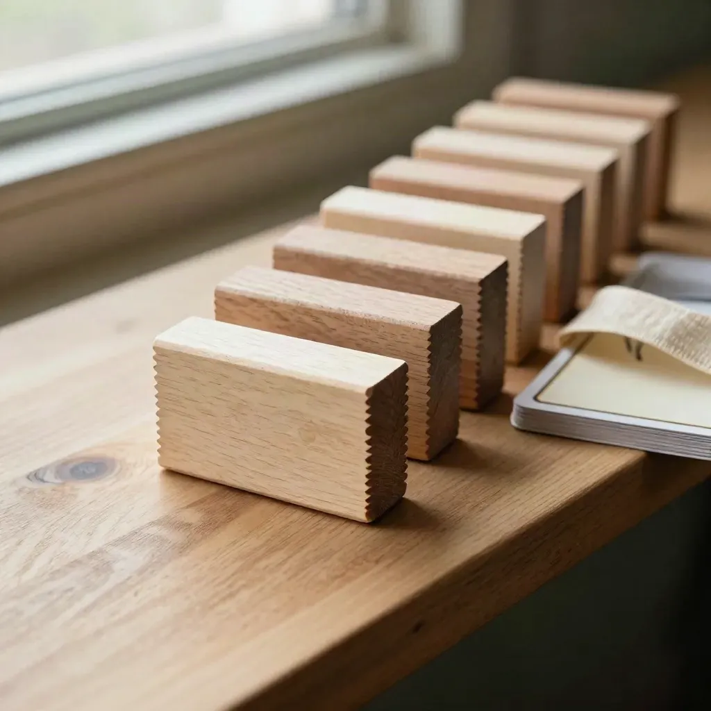 Wooden rhythm blocks, face-down cards, and folded linen ribbon on a warm workshop bench.