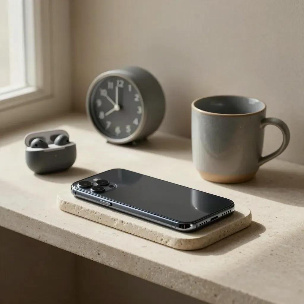 Stone phone cradle with earbuds, desk clock, and ceramic mug on a minimal shelf.
