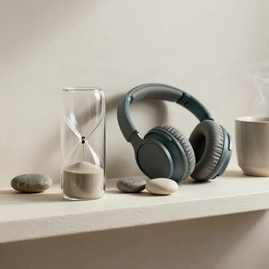 Glass timer, headphones, bowl, stones, and steam on a plaster shelf