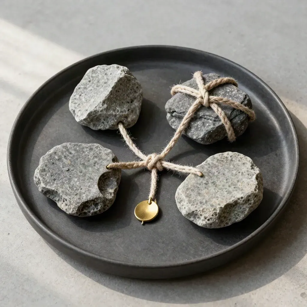 Overhead flatlay of stone clusters, a linen cord and brass pin on a matte tray
