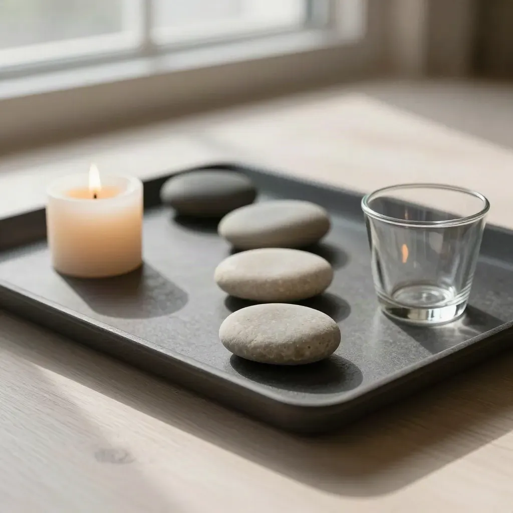 Polished stones step forward on a dark tray beside a candle stub and glass cup.