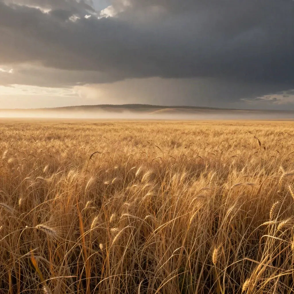 Amber prairie at dawn under a vast cloud deck, with calm copy space below.